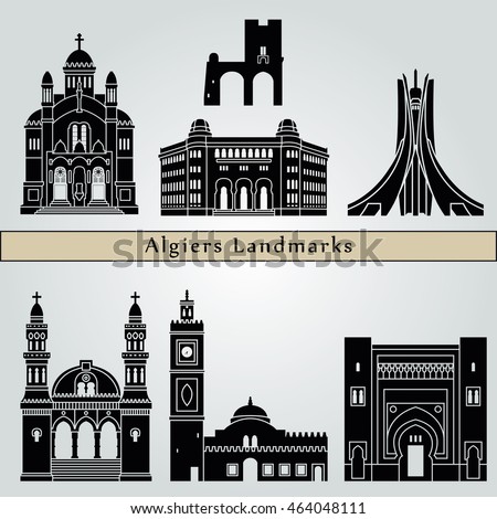 Algiers landmarks and monuments isolated on blue background in editable vector file