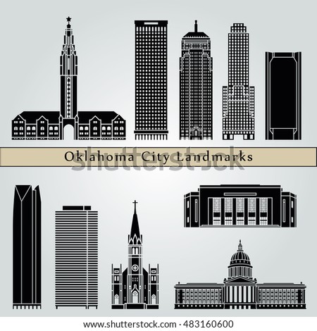 Oklahoma City landmarks and monuments isolated on blue background in editable vector file