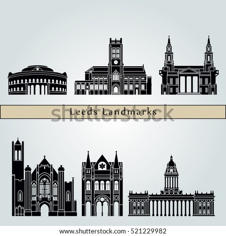 Leeds  landmarks and monuments isolated on blue background in editable vector file