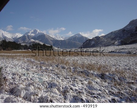 Snow Field, rough snow with snow capped mountains in distance. Copy space in foreground.