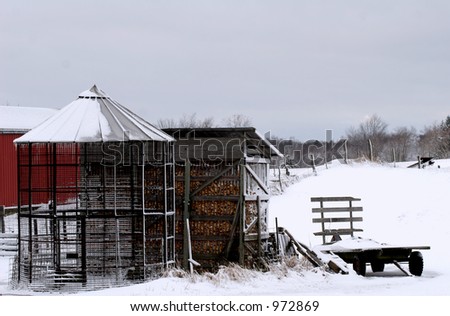 Corn bins - one  full, the other empty - in winter on a Michigan farm.