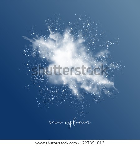 Vector snow explosion. Abstract design of white transparent cloud and snowflakes. Blast of white powder