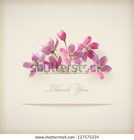 Floral \'Thank you\' card with beautiful realistic spring pink flowers and banner with drop shadows on a beige elegant background in modern style. Perfect for wedding, greeting or invitation design