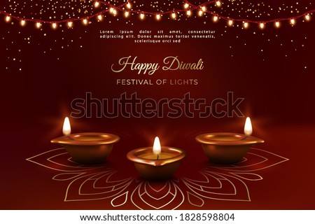 Traditional Diwali Festival banner. Realistic Diya lamps, garland of light bulbs and decorations on a dark background. 3D vector illustration