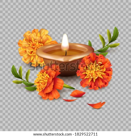 Realistic 3d vector composition of Diwali Oil Lamp and marigold flowers. Traditional Indian copper or brass diya lamp for Diwali festival