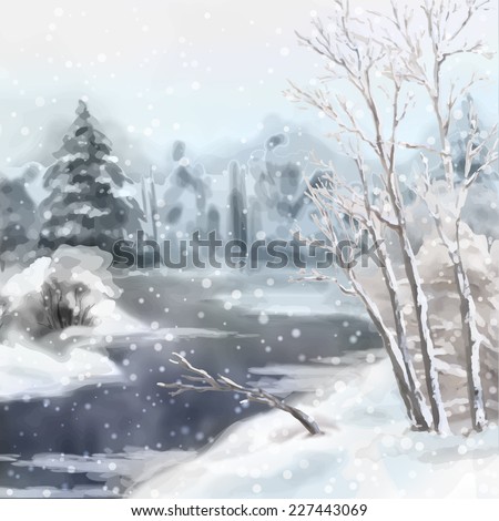 Digital vector artistic painting, winter watercolor landscape with snow, river, frozen trees