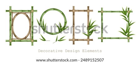 Bamboo frames set made of stems and green leaves tied with a rope. A set of wooden bamboo frames