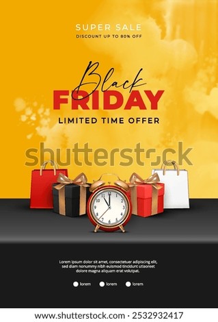 Black Friday sale vertical poster template with gifts and alarm clock on black podium