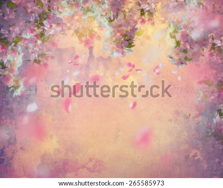 Spring cherry blossom with flying petals on canvas vintage background. Painting style floral art on expressive shabby fabric texture