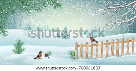 Vector winter landscape with fence, snow covered hills, bird bullfinch