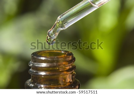 bottle of essence oil with plant - beauty treatment
