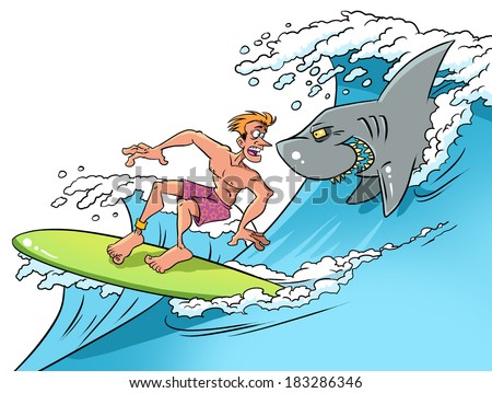 Surfer on ocean wave and smiling shark