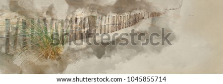 Digital watercolor painting of Panorama landscape of sand dunes system on beach at sunrise