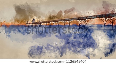 Digital watercolour painting of Stunning sunset over ocean with pier silhouette