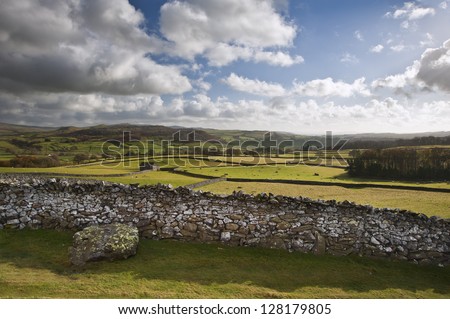 View across fields towards Wharfe Dale in Yorkshire Dales National Park