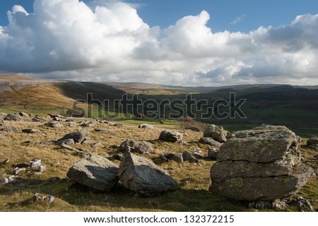 View from Norber Erratics in Yorkshire Dales National Park down past Moughton Scar to Wharfe Dale