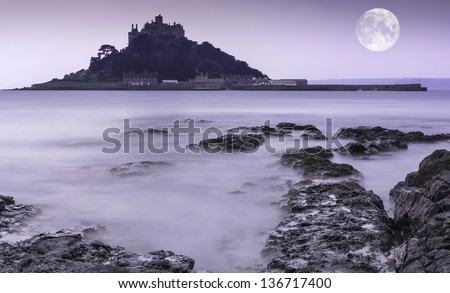 St Michael\'s Mount Bay Marazion pre-dawn long exposure with moon