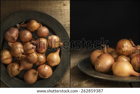 Compilation of shallots images with moody natural light vintage style