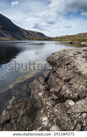Stunning landscape of Wast Water with mountains reflected in calm lake water in Lake District
