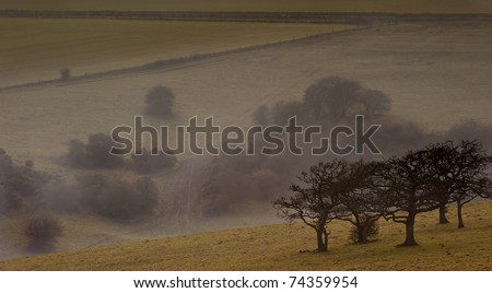 Rolling landscape over hills and valleys on hazy sunny evening