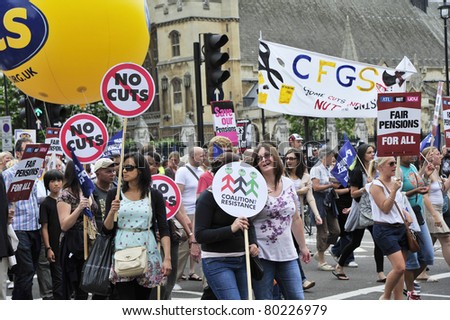 LONDON - JUNE 30; Unidentified members of trade unions protest against government reform during a demonstration  organised by PCS and NUT trade unions in London on June 30, 2011