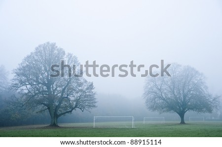 Beautiful image of foggy misty forest in Autumn Fall ith football soccer pitches