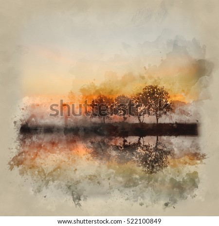 Watercolour image of Stunning foggy Autumn  sunrise English countryside landscape image