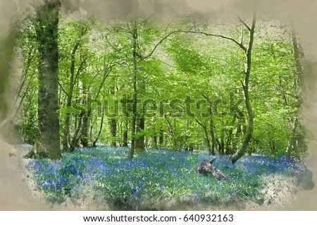Watercolor painting of Beautiful warm morning light streaming through trees in bluebell woods in Spring