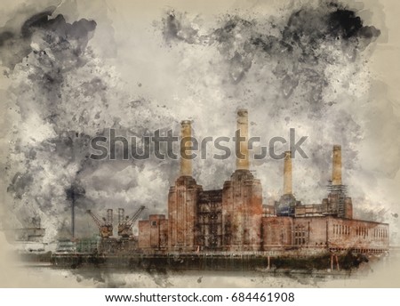 Watercolour painting of Battersea power station against dark stormy sky