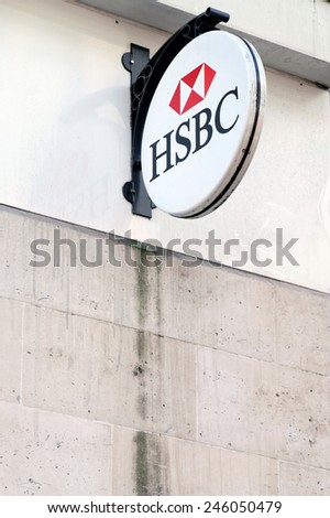 LONDON - JULY 1, 2014: HSBC Bank branch in London, United Kingdom. It is the world\'s second largest bank. It was founded in London in 1991. HSBC exists since 1865.