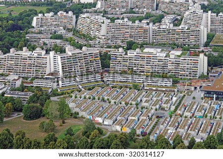MUNICH, GERMANY - 4 AUGUST 2015: View of the Olympic village from Olympic tower (Olympiaturm), Munich, Germany. Currently the village is converted to living space for students.