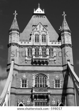 Details looking up at one of the towers of london\'s Tower bridge (black and wnite)