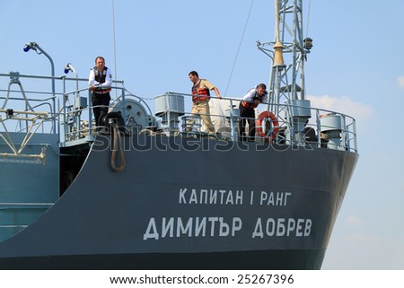 VARNA, BULGARIA - AUGUST  8: Bulgarian NAVY ship returning from a short voyage with celebrities on board from the annual movie festival \