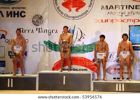 VARNA, BULGARIA - MAY 26: Prize giving ceremony at the 2010 European Sumo Championships for Men/Women and U21 on May 26, 2010 in Varna, Bulgaria.