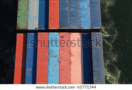 VARNA, BULGARIA - NOVEMBER 18: Containers seen from above on board the Moroccan cargo ship OUED ZIZ (Year Built: 1998, DeadWeight: 7600 t) on November 18, 2010 in Varna, Bulgaria.