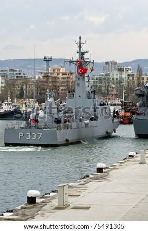 VARNA, BULGARIA - APR 08: Turkish Fast Attack Missile Boat TCG ATAK (P-337) visits Port of Varna on April 08, 2011 in Varna, Bulgaria. The vessel is taking part in Starfish 2011 Naval exercise.