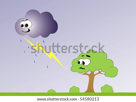 Illustration of cartoon cloud with lightning and scared tree.