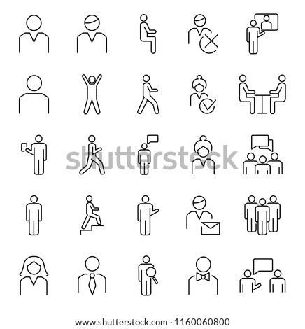Person symbols, basic outline vector icons collection. Male, female and group of people basic positions. User profile symbols set with simple activities and postures.
