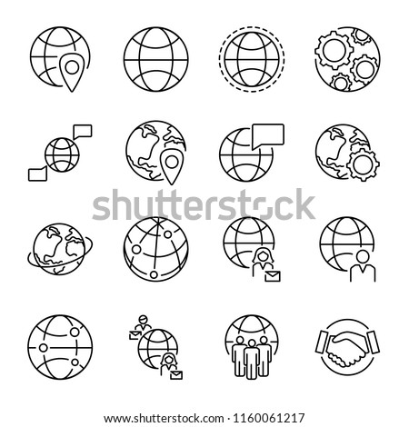 Globalization concept icons collection with various globe shapes and people connection symbols. Monoline black isolated vector icons set. Multicultural world wide people communication and cooperation.