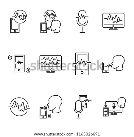 Voice recognition vector illustration collection set. Technology of digital communication and talking. Biometric signature and smart ID. Computer, tablet or smart phone. Outlined vocal wave objects.