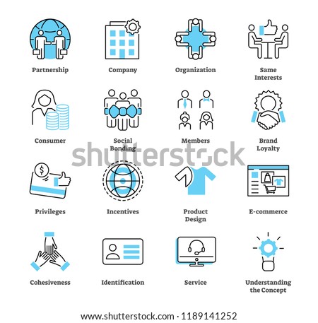 Affinity marketing icon collection set. Market and e commerce or ads strategy vector illustration. Symbols of company partnership, members, bonding and incentives.