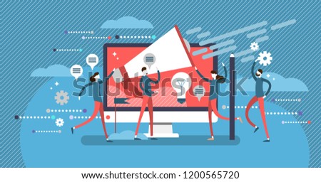 Public relations and announcement message concept flat vector illustration poster with team working on company communication online. Megaphone and computer screen in abstract, conceptual environment