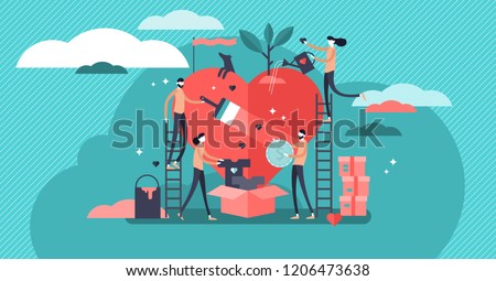 Volunteering vector illustration. Stylized and abstract team help charity and sharing hope. Care, love and good heart community support poor, homeless and elder persons.