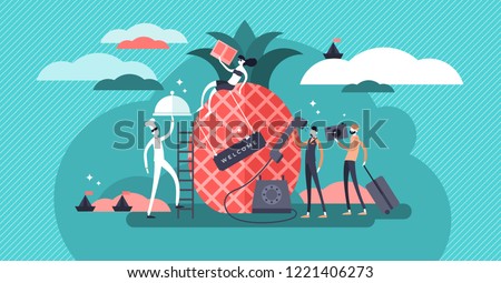 Hospitality flat vector illustration. Abstract image with tourists and holiday travelers. Stylized banner with waiter, housekeeper and receptionist. Good service, caring and welcome feeling industry.