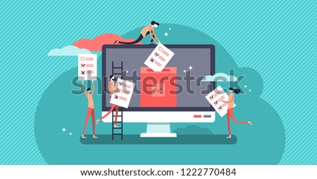 Online voting mini people concept flat vector illustration with computer screen,voting box and voters making decisions.Modern electronic voting system for election,government rules and public projects
