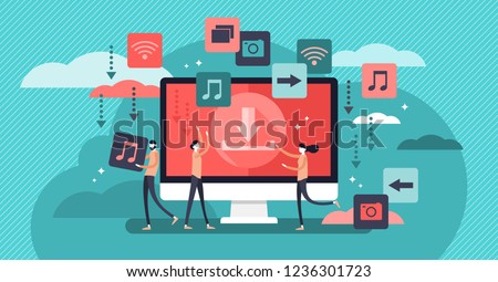 Free download vector illustration. Banner with stream or upload meaning. Stylized concept for torrent data piracy from servers, online media shopping, file transfer and sharing. Modern people life.