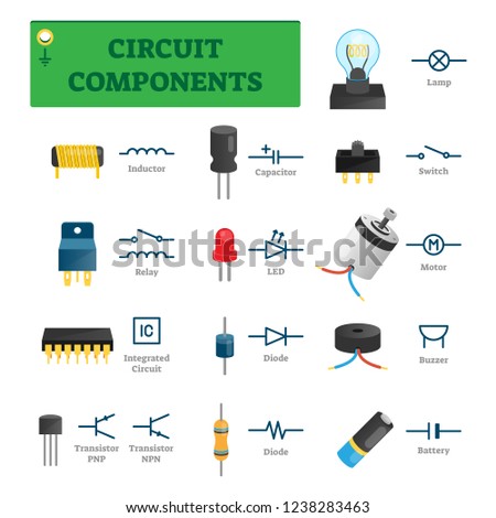 Circuit components vector illustration. List with electric technology parts like inductor, relay, integrated circuit, diode or transistor. Isolated tech scheme symbols. Digital hardware engineering.