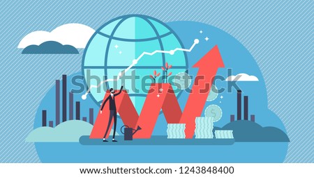 Stock market vector illustration. Flat mini money growth persons concept with positive and successful indicators. Global investment business value improvement. Finance and economy profit with coins.