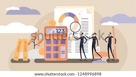 Audit vector illustration. Mini persons systematic independent examination. Concept of accounting economy document research and financial inspection. Flat abstract example for knowledge or education.