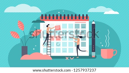 Planning vector illustration. Flat mini persons concept with schedule calendar. System to organize daily routine. Time management chart graphic to structure deadline meetings, agenda or appointments.